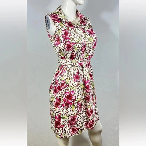 White Stag Button Front Sleeveless Leopard Floral Shirt Dress Ladies 8 Belted - Picture 2 of 8